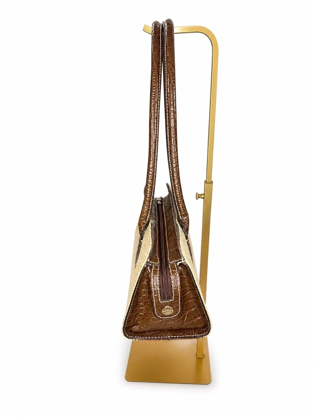 Tommy Hilfiger Straw Tote Brown Croc Embossed Leather Trim Shoulder Bag - Picture 3 of 12